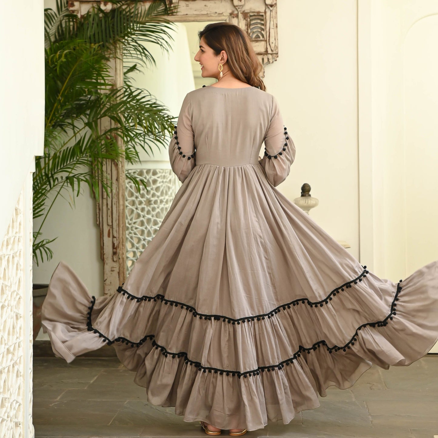 Lady Collection's Grey Black Pompom Charm Cotton Dress