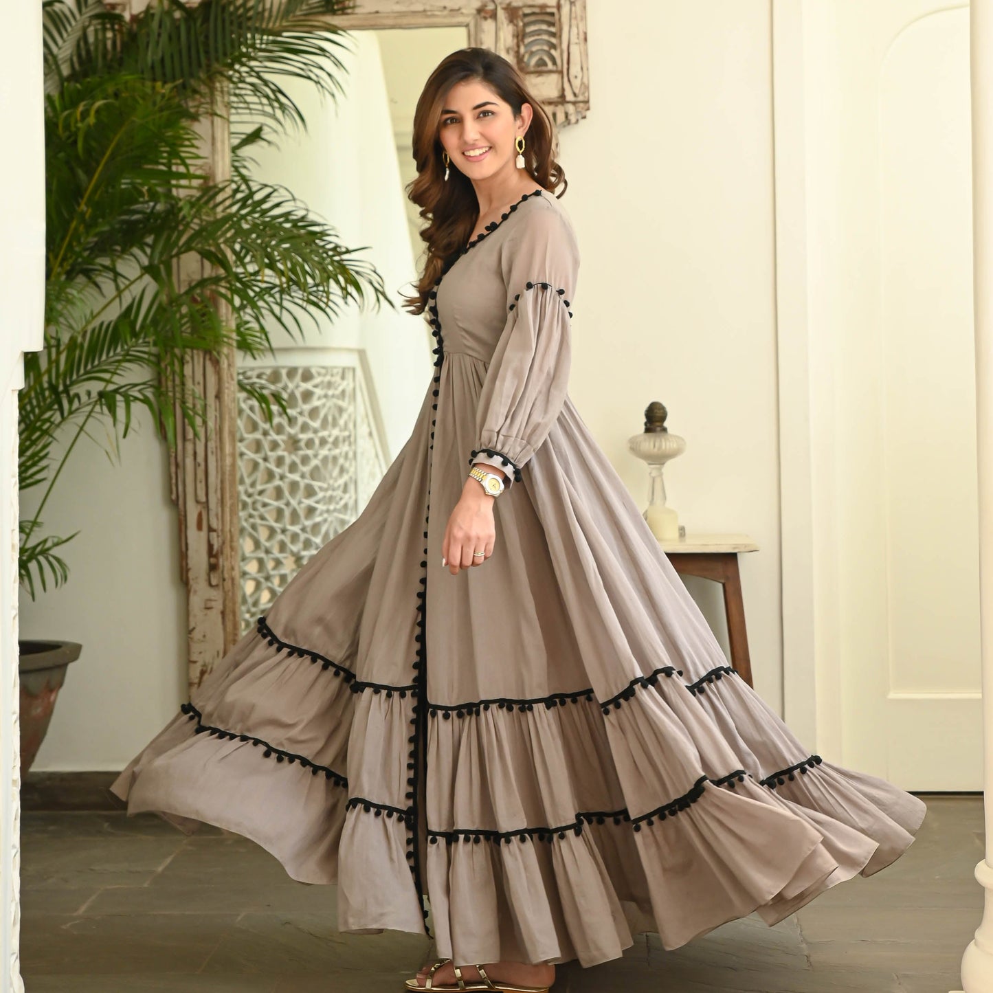 Lady Collection's Grey Black Pompom Charm Cotton Dress