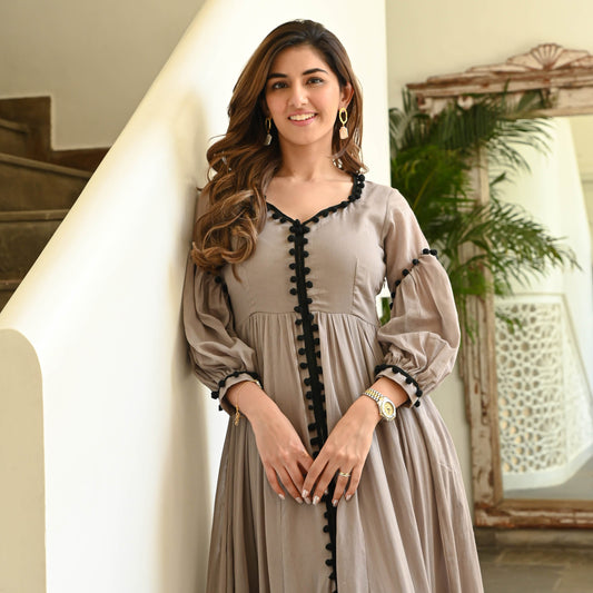 Lady Collection's Grey Black Pompom Charm Cotton Dress